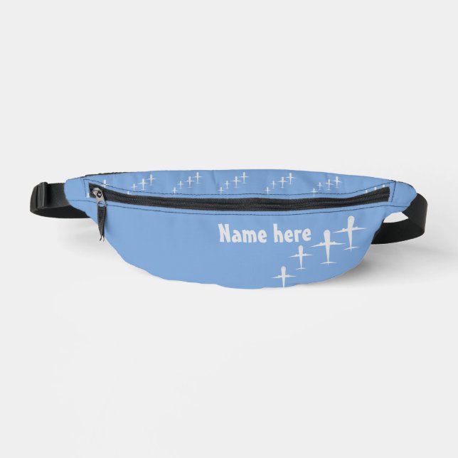 Personalized Name Kids Fun Airplanes Pastel Blue Fanny Pack (Front)