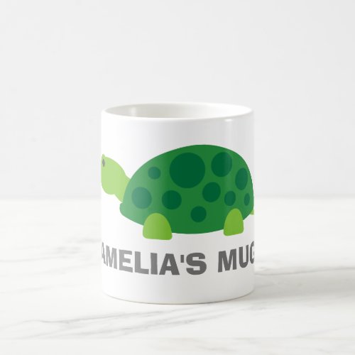 Personalized name kids mug with cute green turtle