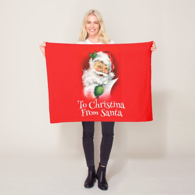 Personalized Name Kids Winking Santa Christmas Fleece Blanket (In Situ)