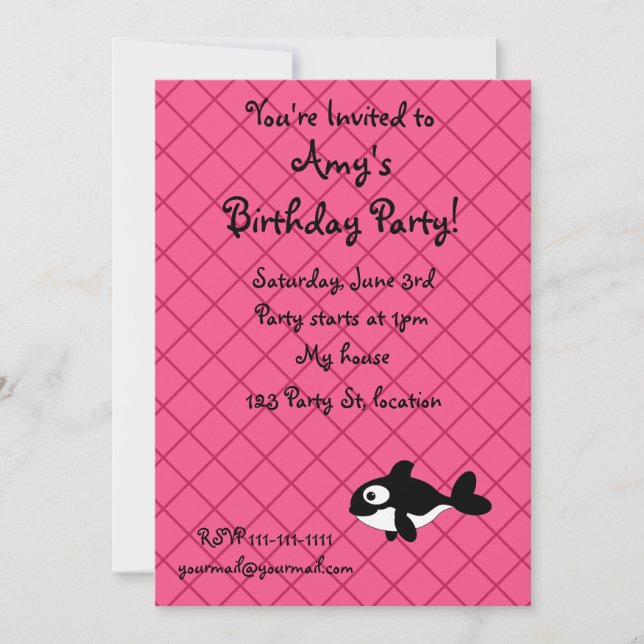 Personalized name killer whale pink grid pattern invitation (Front)