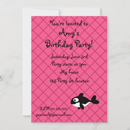 Personalized name killer whale pink grid pattern invitations