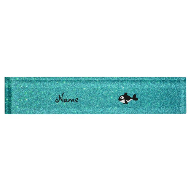 Personalized name killer whale turquoise glitter desk name plate (Front)