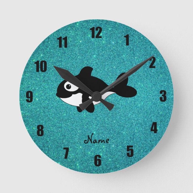 Personalized name killer whale turquoise glitter round clock (Front)