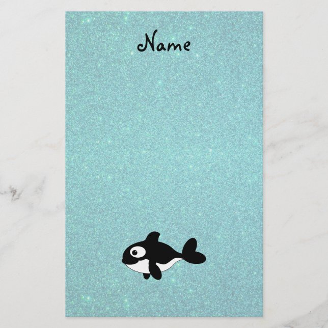 Personalized name killer whale turquoise glitter stationery (Front)