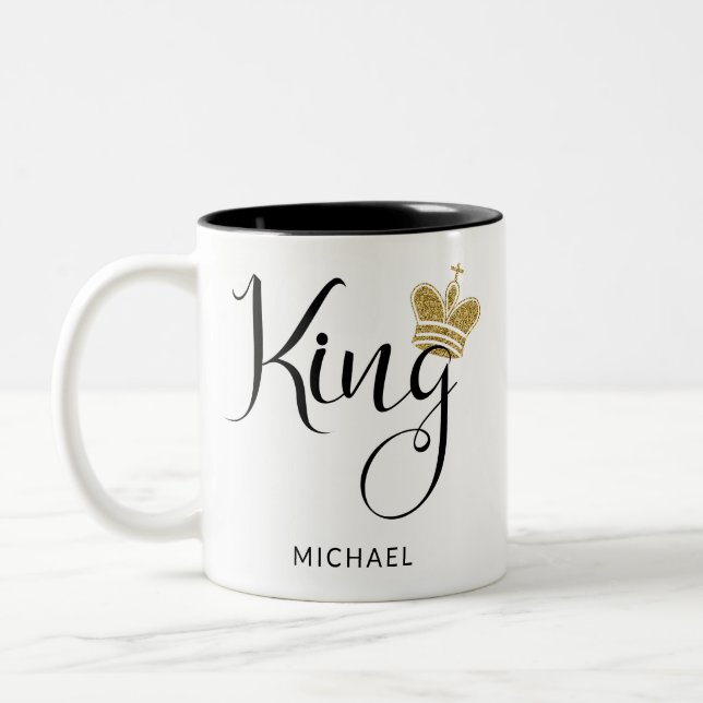 Personalized Name King with Gold Glitter Crown Two-Tone Coffee Mug (Left)