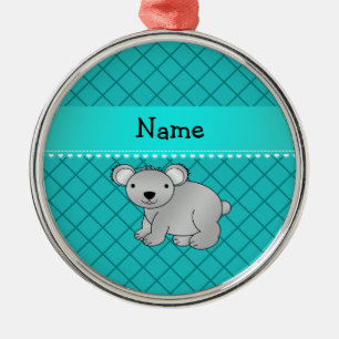 Personalized name koala bear turquoise grid metal ornament