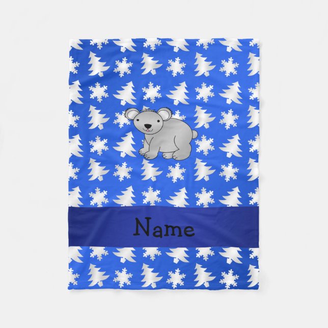 Personalized name koala blue snowflakes trees fleece blanket (Front)