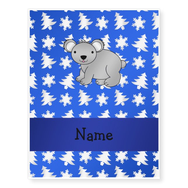 Personalized name koala blue snowflakes trees temporary tattoos (Front)