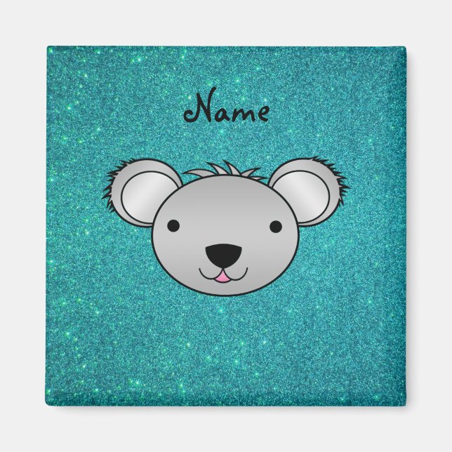 Personalized name koala face turquoise glitter magnet (Front)