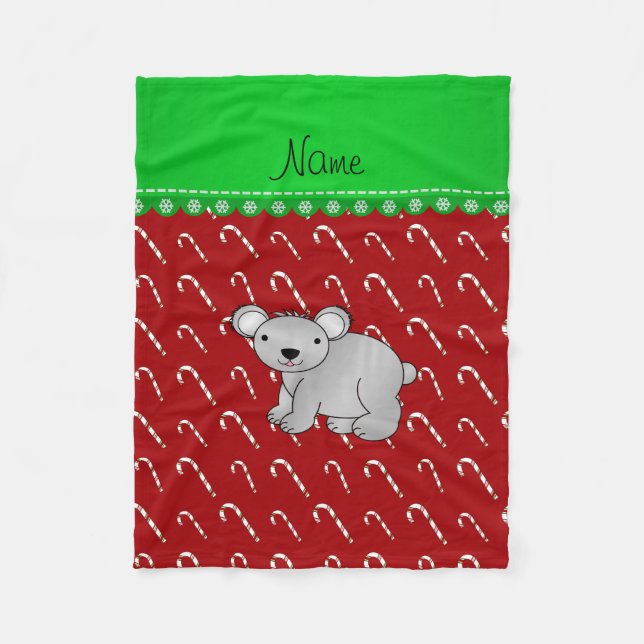 Personalized name koala red christmas candy canes fleece blanket (Front)