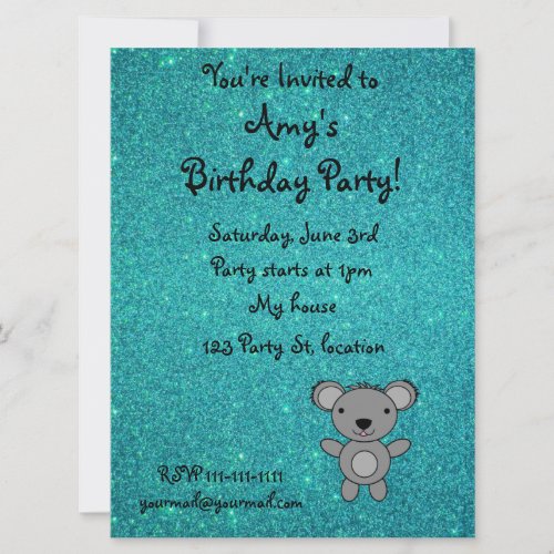 Personalized name koala turquoise glitter custom invitations
