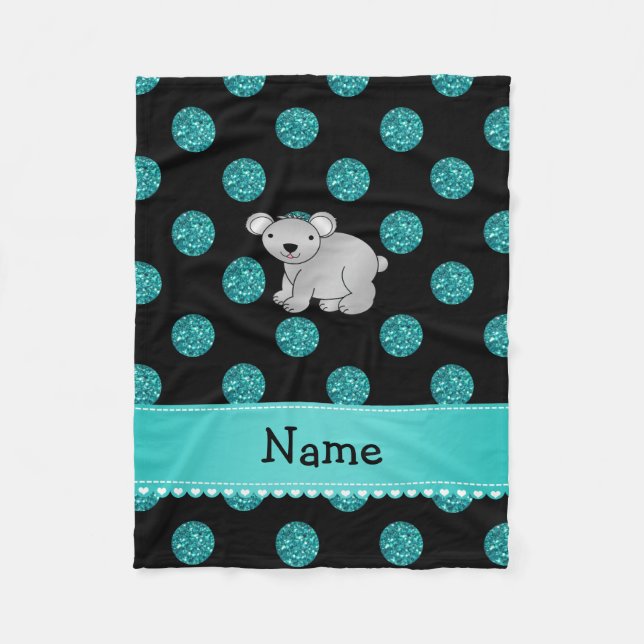 Personalized name koala turquoise polka dots fleece blanket (Front)