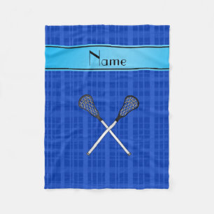Personalized name lacrosse blue plaid fleece blanket