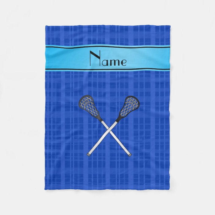 Personalized name lacrosse blue plaid fleece blanket