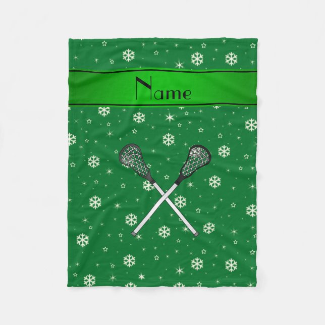 Personalized name lacrosse green snowflakes fleece blanket (Front)