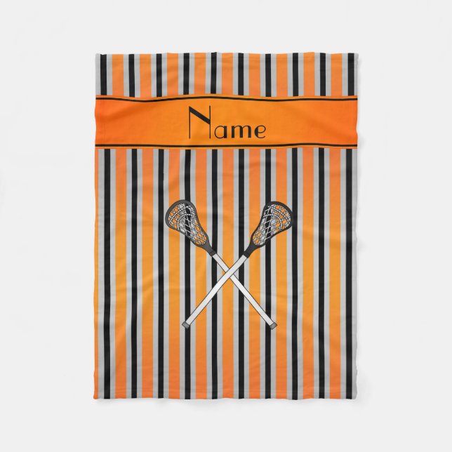 Personalized name lacrosse orange silver stripes fleece blanket (Front)