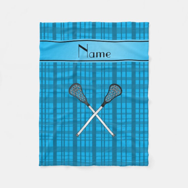 Personalized name lacrosse sky blue plaid fleece blanket (Front)