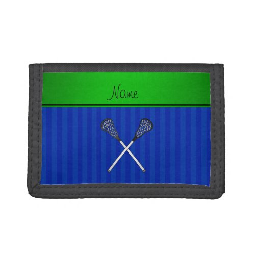 Personalized name lacrosse sticks blue stripes tri_fold wallet