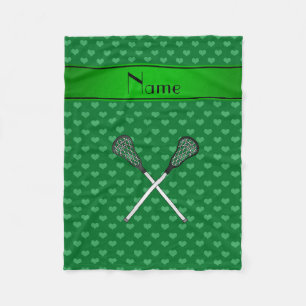 Personalized name lacrosse sticks green hearts fleece blanket