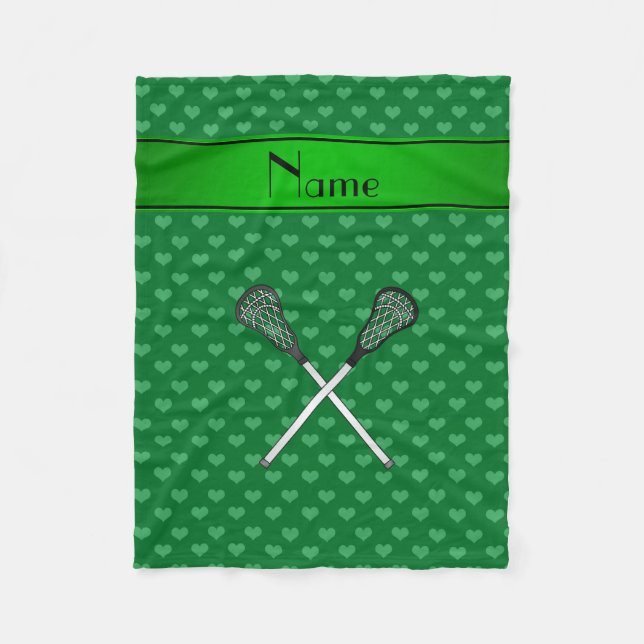 Personalized name lacrosse sticks green hearts fleece blanket (Front)