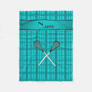 Personalized name lacrosse turquoise plaid fleece blanket