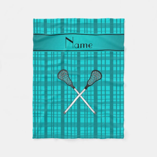 Personalized name lacrosse turquoise plaid fleece blanket (Front)