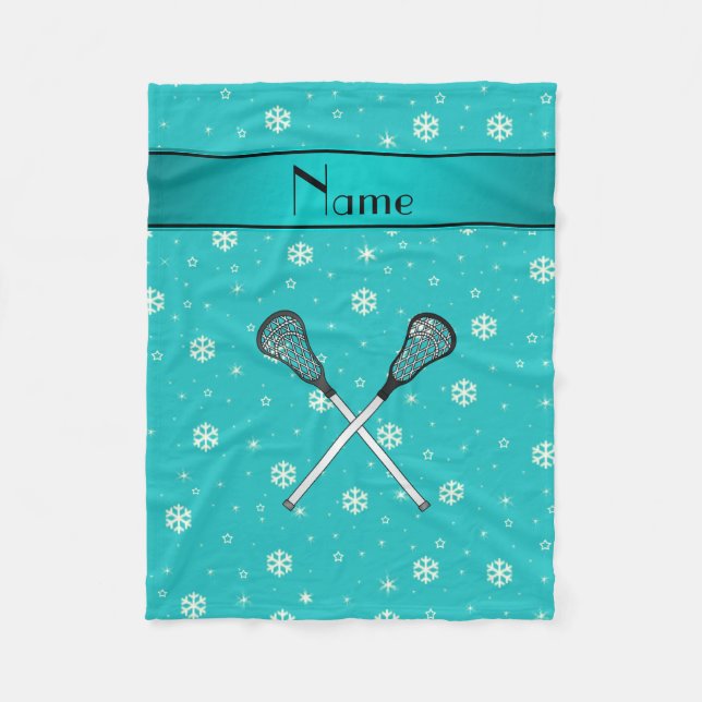 Personalized name lacrosse turquoise snowflakes fleece blanket (Front)