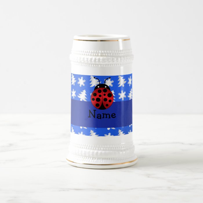 Personalized name ladybug blue snowflakes trees coffee mug