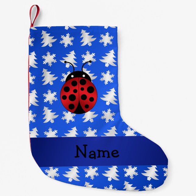 Personalized name ladybug blue snowflakes trees small christmas stocking (Front)