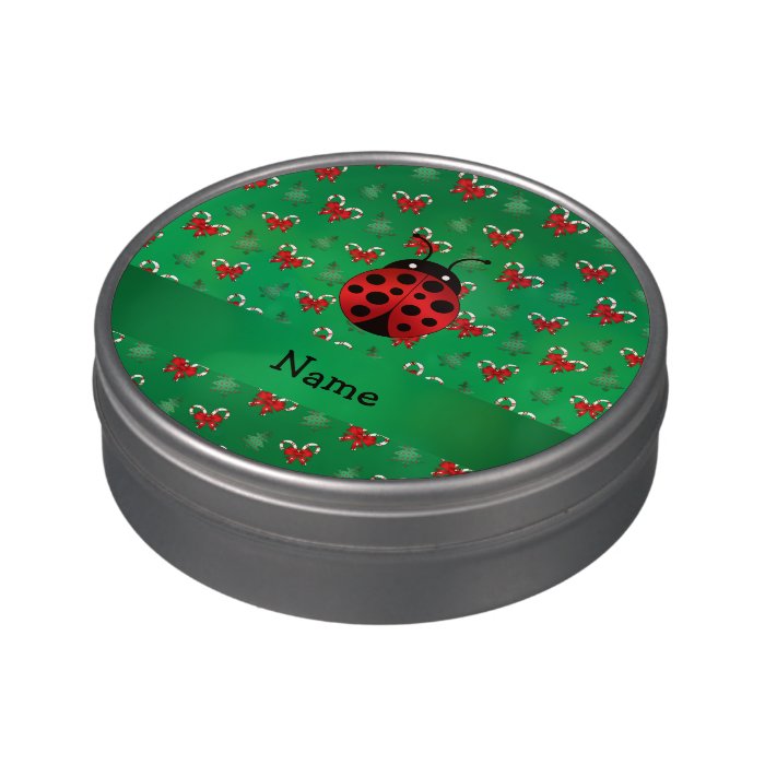 Personalized name ladybug green candy canes bows jelly belly tins