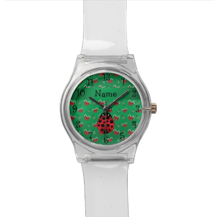 Personalized name ladybug green candy canes bows wristwatch