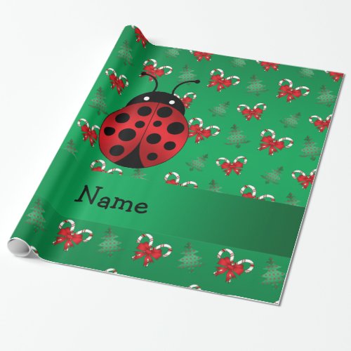 Personalized name ladybug green candy canes bows wrapping paper