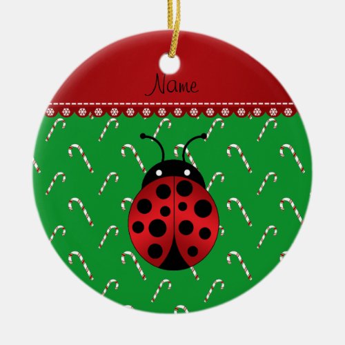 Personalized name ladybug green candy canes ceramic ornament