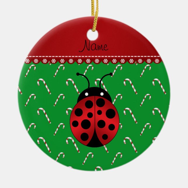 Personalized name ladybug green candy canes ceramic ornament (Front)