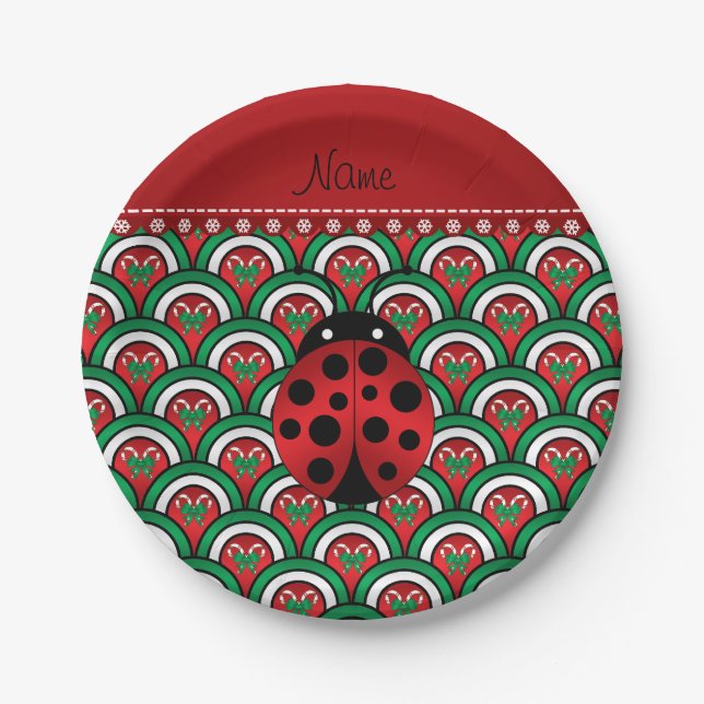 Personalized name ladybug half circles candy canes paper plates (Front)