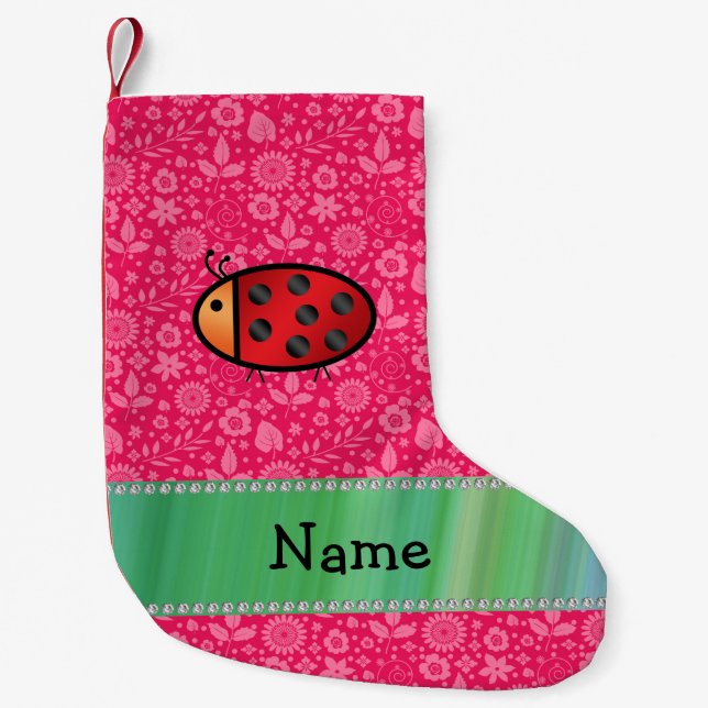 Personalized name ladybug pink floral pattern small christmas stocking (Front)
