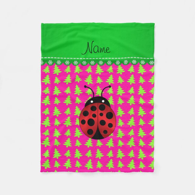 Personalized name ladybug pink green trees fleece blanket (Front)