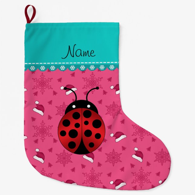 Personalized name ladybug pink santa hats large christmas stocking (Front)
