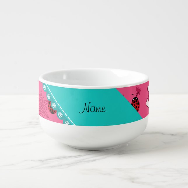 Personalized name ladybug pink santa hats soup mug (Front)