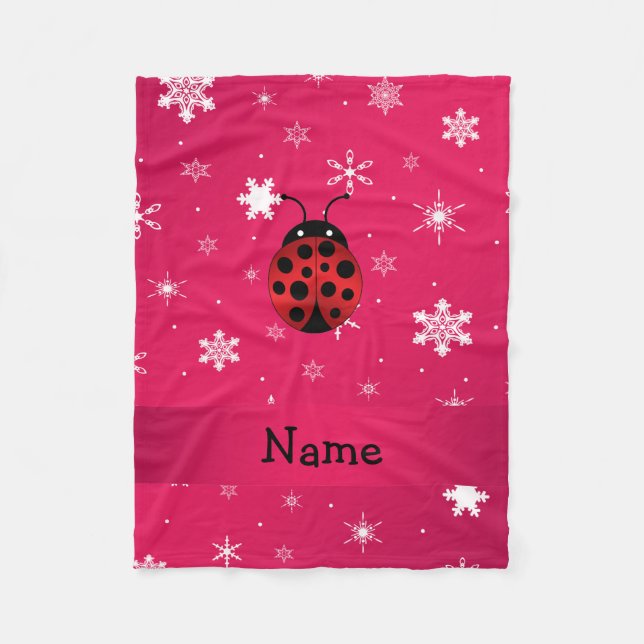 Personalized name ladybug pink snowflakes fleece blanket (Front)