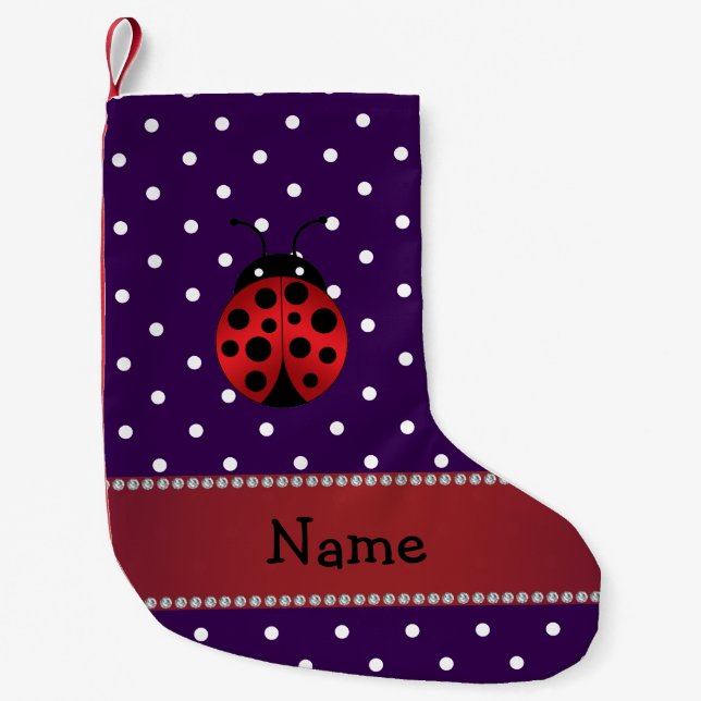 Personalized name ladybug purple polka dots small christmas stocking (Front)