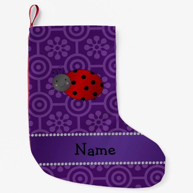 Personalized name ladybug purple retro flowers small christmas stocking (Front)