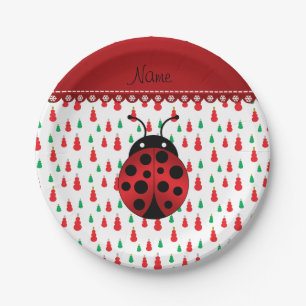 Personalized name ladybug red green snowmen paper plates