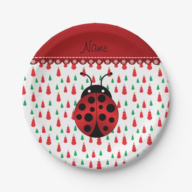 Personalized name ladybug red green snowmen paper plates (Front)