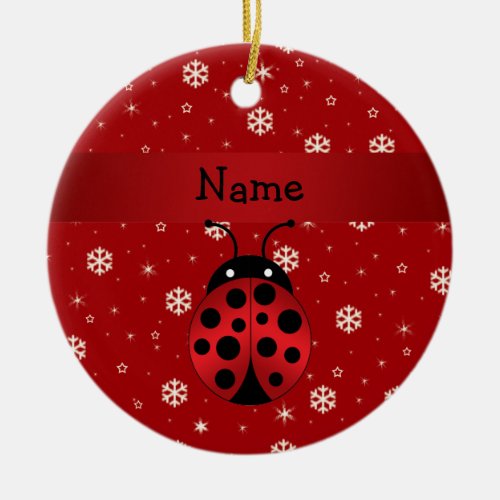 Personalized name ladybug red snowflakes ceramic ornament