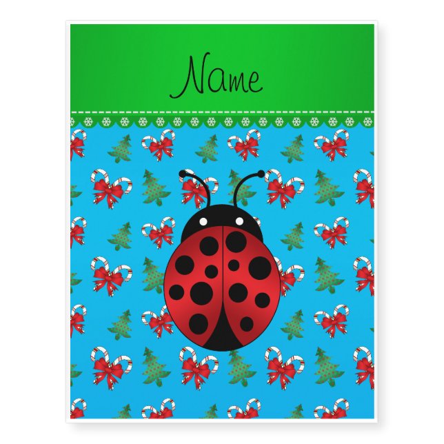 Personalized name ladybug sky blue candy canes bow temporary tattoos (Front)