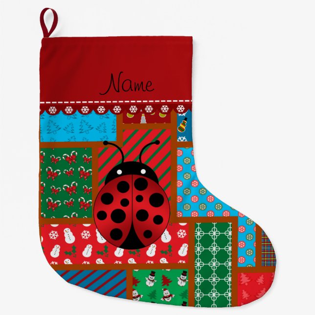 Personalized name ladybug ugly christmas sweater large christmas stocking (Front)