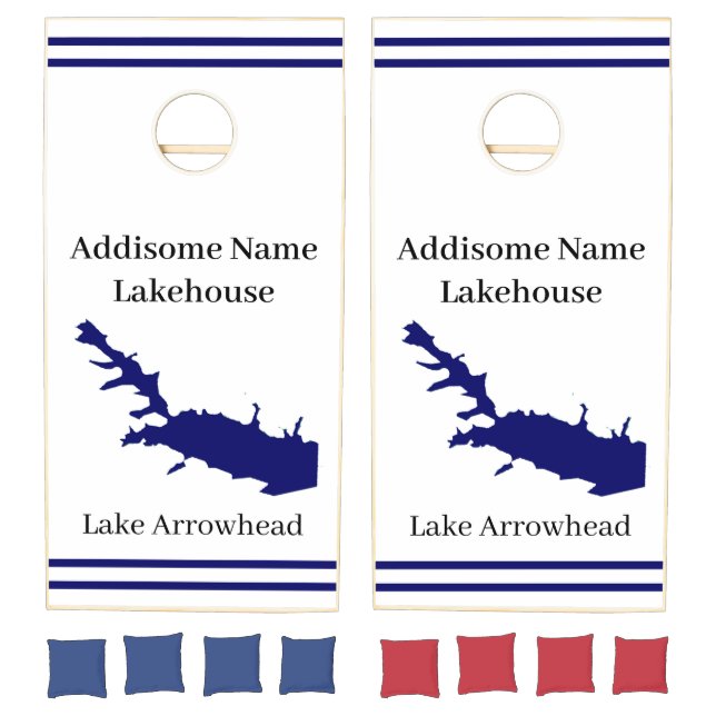 Personalized  Name Lake Arrowhead Map Navy Blue Co Cornhole Set (Set)