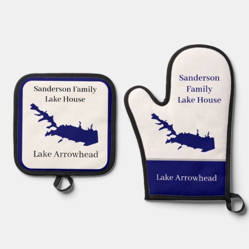 Personalized  Name Lake Arrowhead Map Navy Blue  Oven Mitt  Pot Holder Set