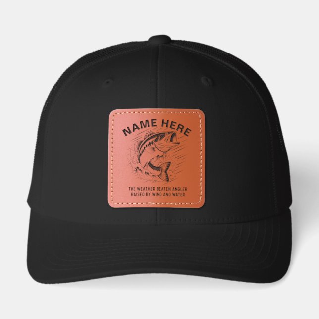 Personalized Name Largemouth Bass Angler Gift Leather Patch Hat (Front)